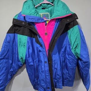 Vintage Steep Slopes Ski Jacket Unisex L Pink Black Puffer Nylon